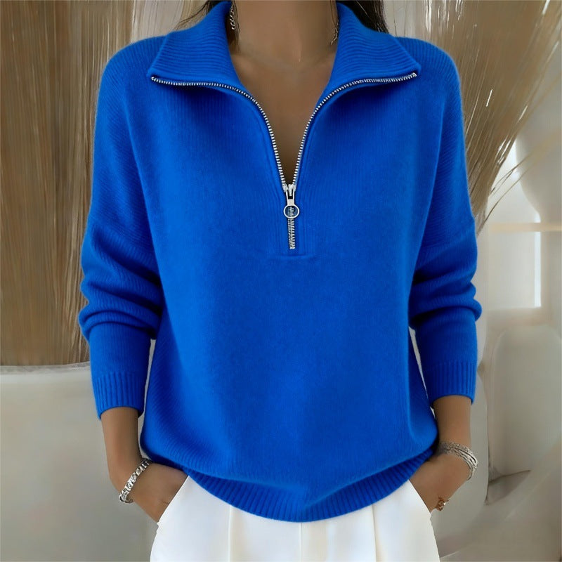 Womens Slimming Casual Fashionable, Versatile Knitted Sweater with a Zippered Lapel