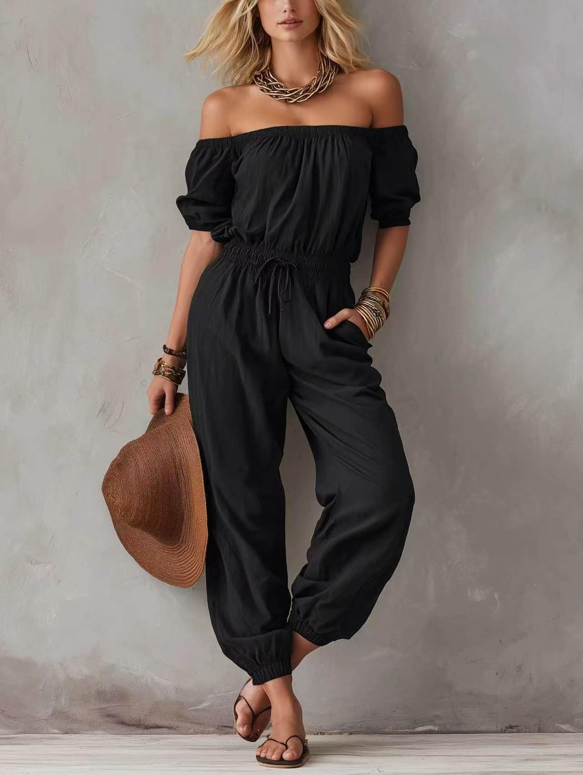 Off-shoulder Waist-cinching Lace-up Relaxed-fit Casual Jumpsuit