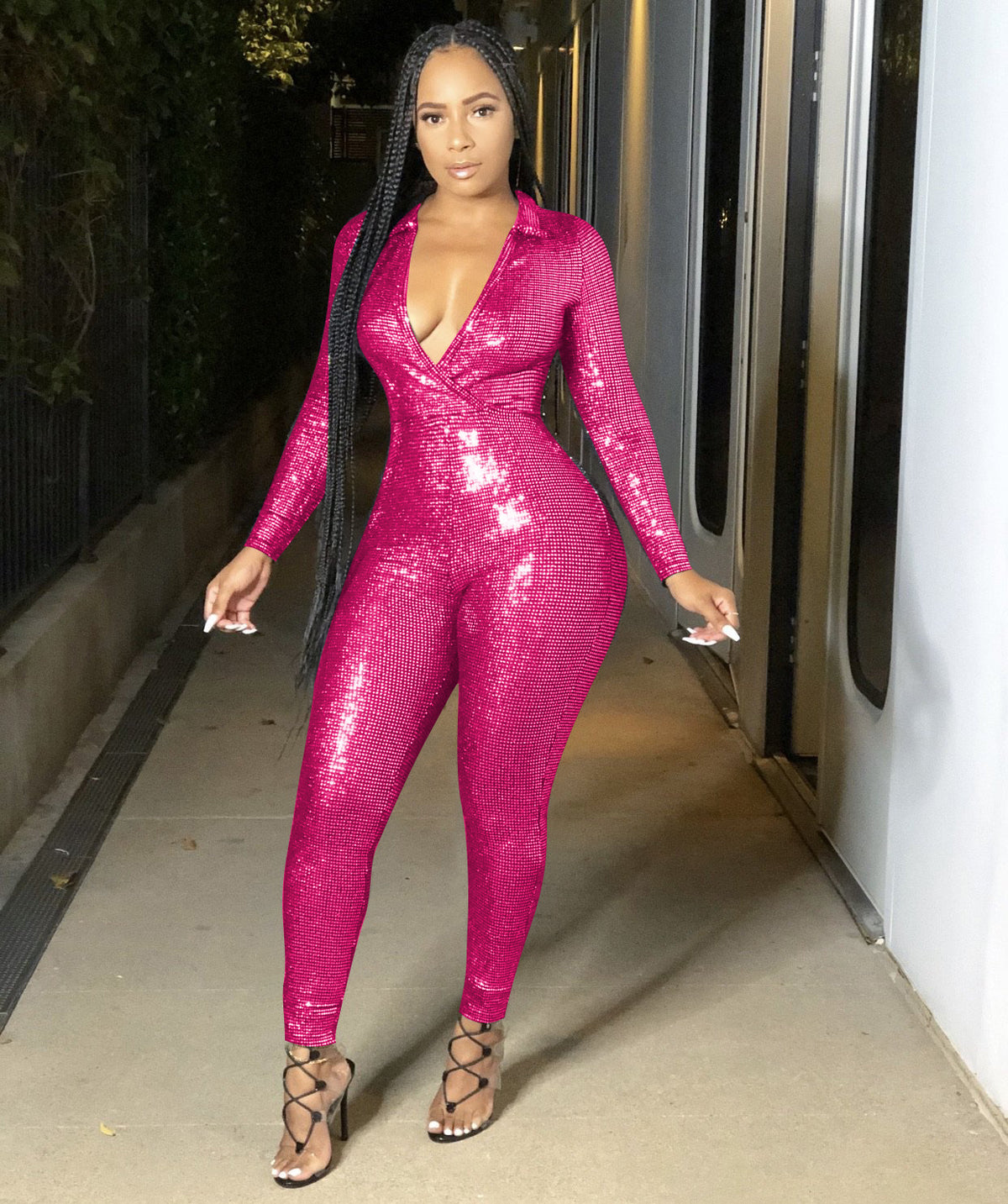 Women's Deep V-Neck Metallic Jumpsuit
