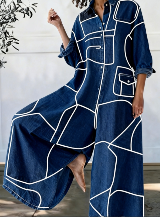 Retro Casual Long-Sleeve Patchwork Wide-Leg Jumpsuit