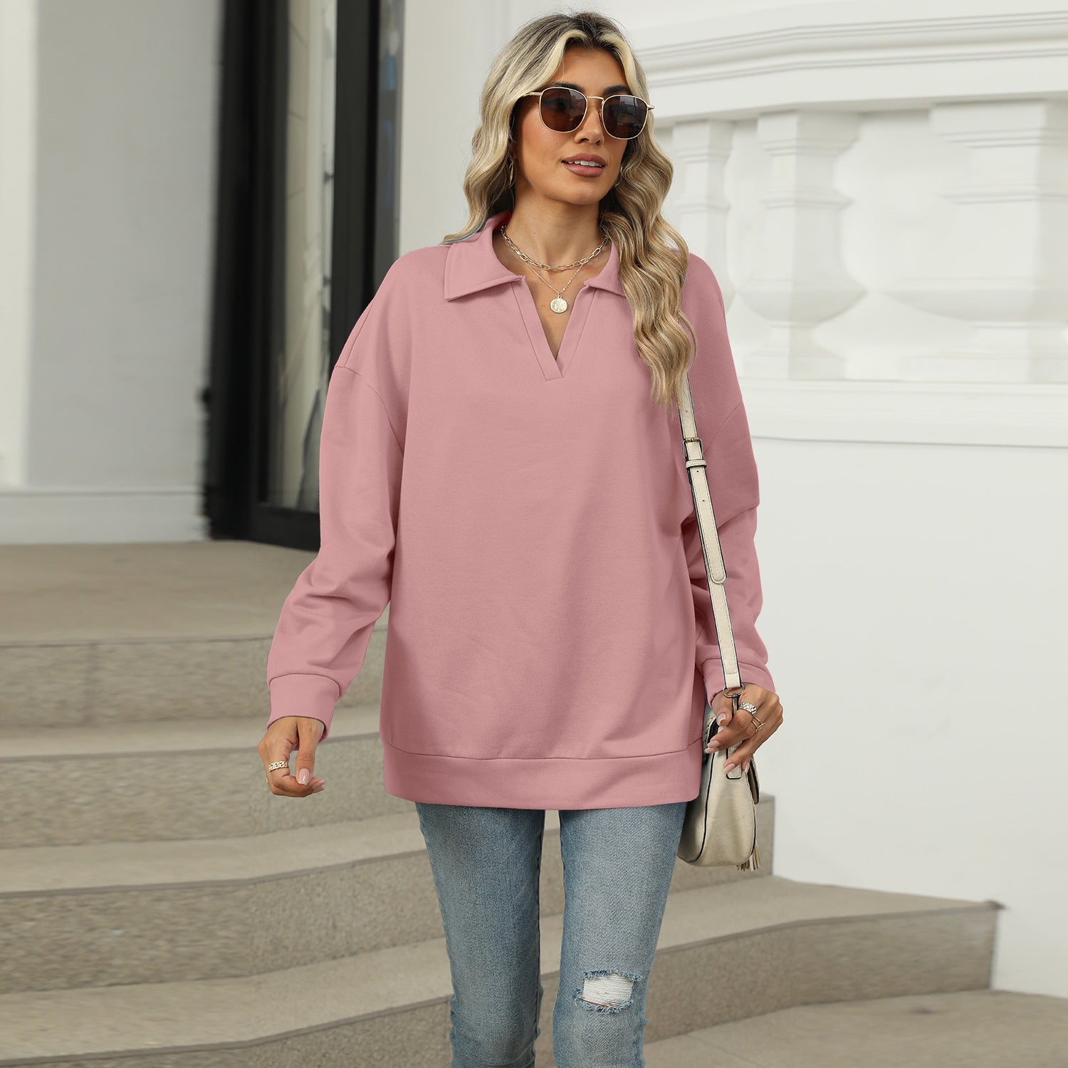 Cozy Solid Color Polo Collar Loose Long Sleeve Sweatshirt