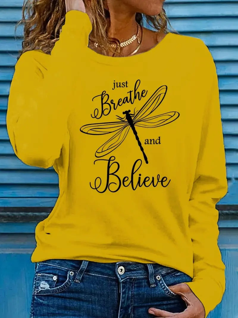 Women's Dragonfly Print Casual Long Sleeve Pullover Sweatshirt