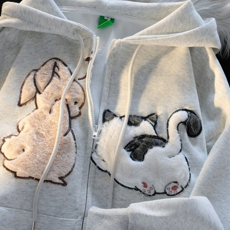 Cute Cartoon Thickened Hooded Cardigan Sweater for Women