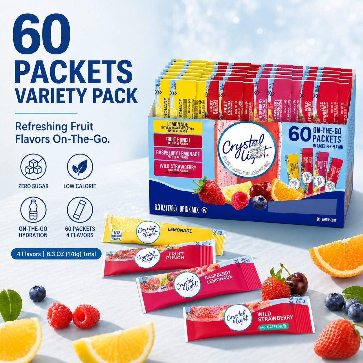 Sugar‑Free Powder Drink Variety Pack – Light Lemonade, Fruit Punch, Raspberry Lemonade, Wild Strawberry, 60 Count