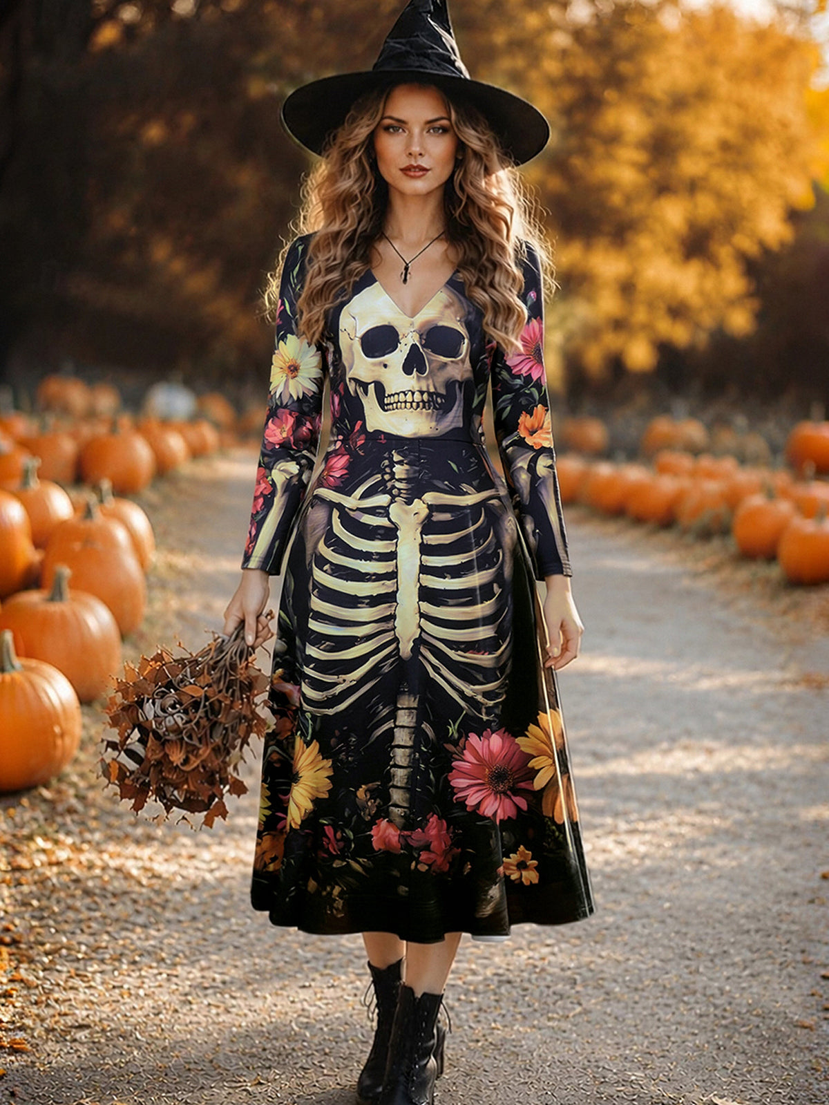 Women's Gothic Skull Print Witch Costume & Fantasy Party Dress