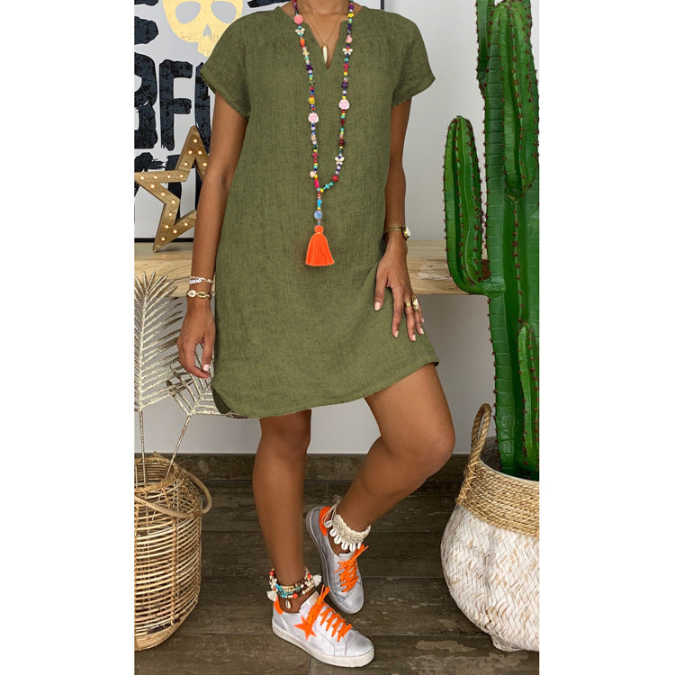 New Amazon Wish Hot Spring Summer Loose Skirt Short Sleeve V-neck S…