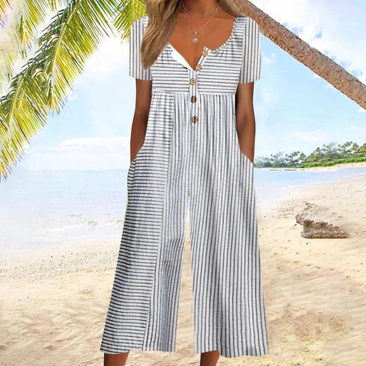European And American Spring And Summer Hot-selling Printed Pocket Button Jumpsuit