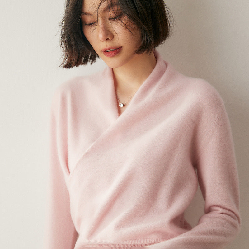 Women's Solid Color V-neck Cross Cashmere Sweater Top