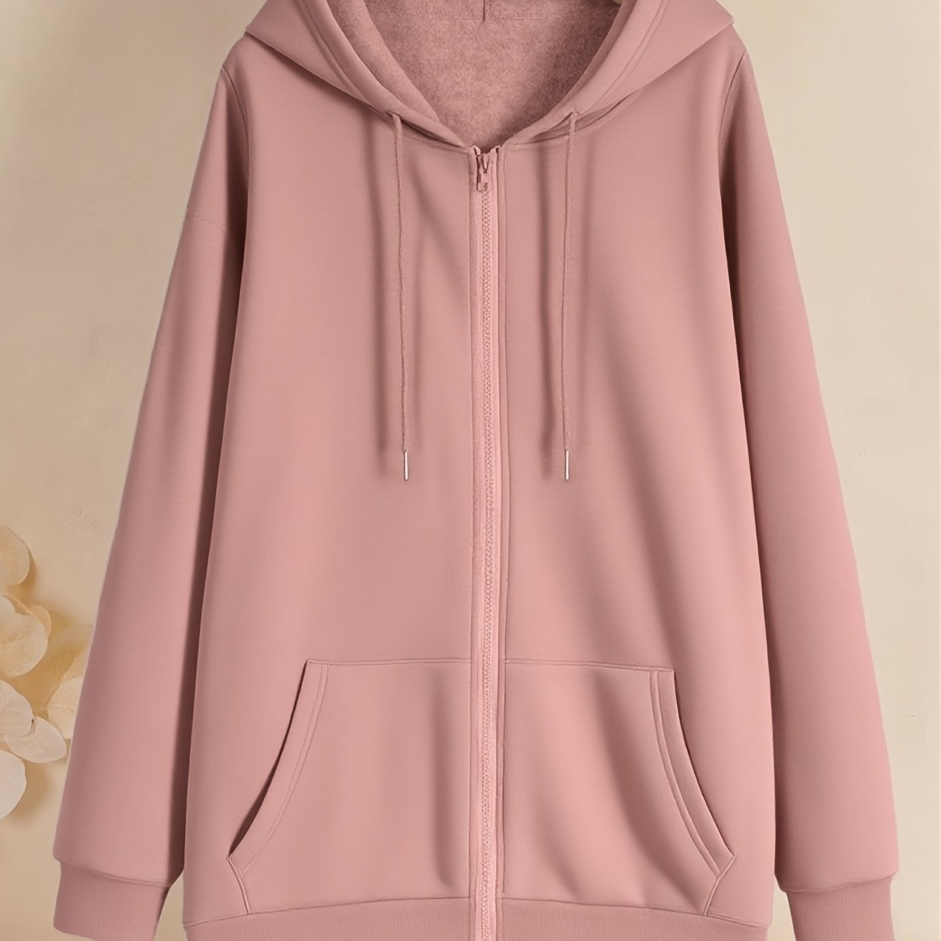 Women's Plus Size Long Sleeve Hooded Fleece-Lined Sweatshirt with Zip Front and Drawstring – Solid Color
