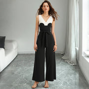 Chic Black & White Contrast Waist-Cinching Wide-Leg Jumpsuit