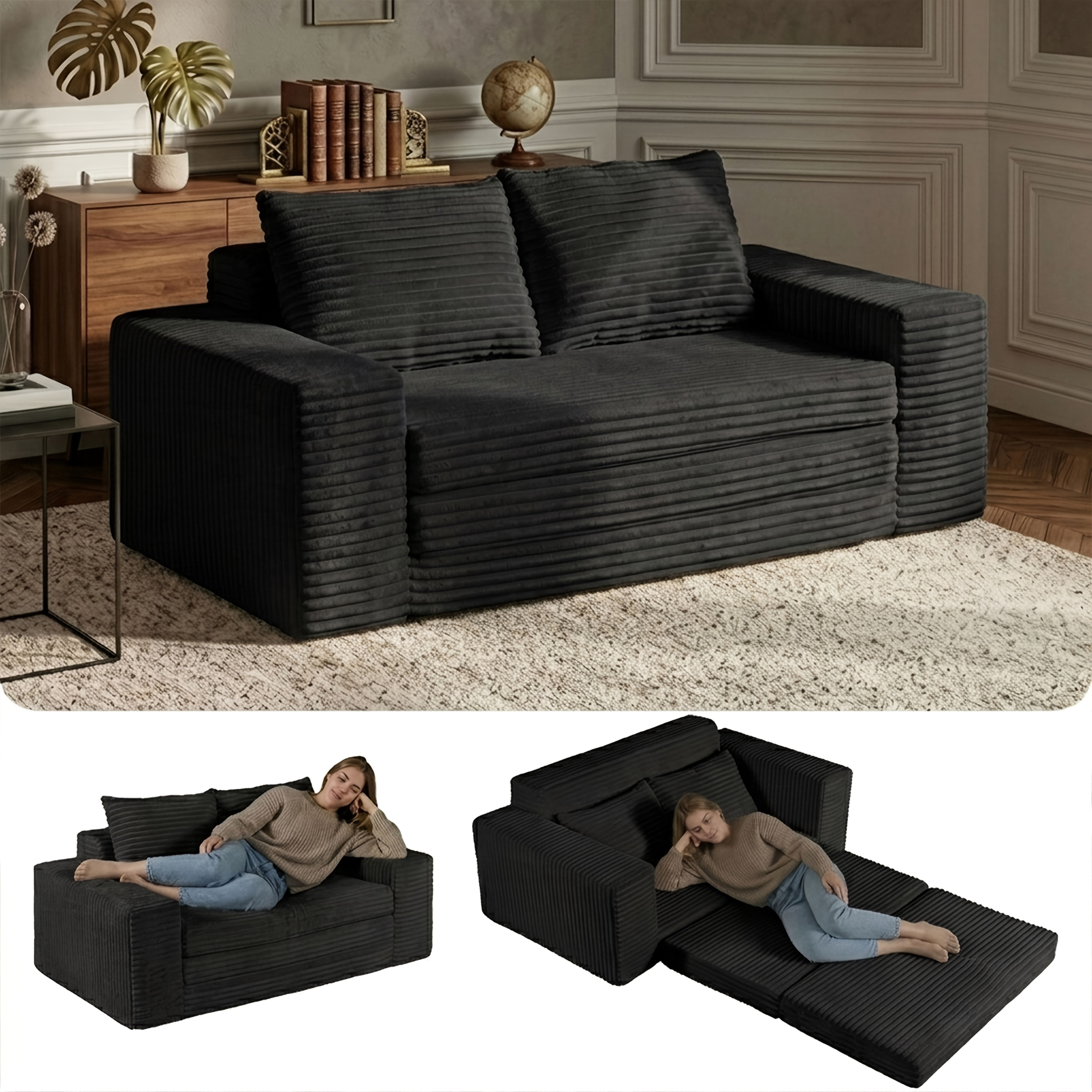 80 Inch Convertible Sofa Bed with Corduroy Futon Cushion