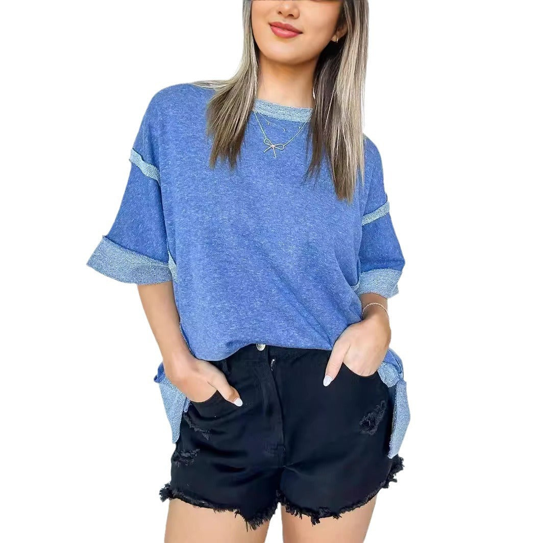 Cozy Round Neck Patchwork Loose Sweater T-Shirt
