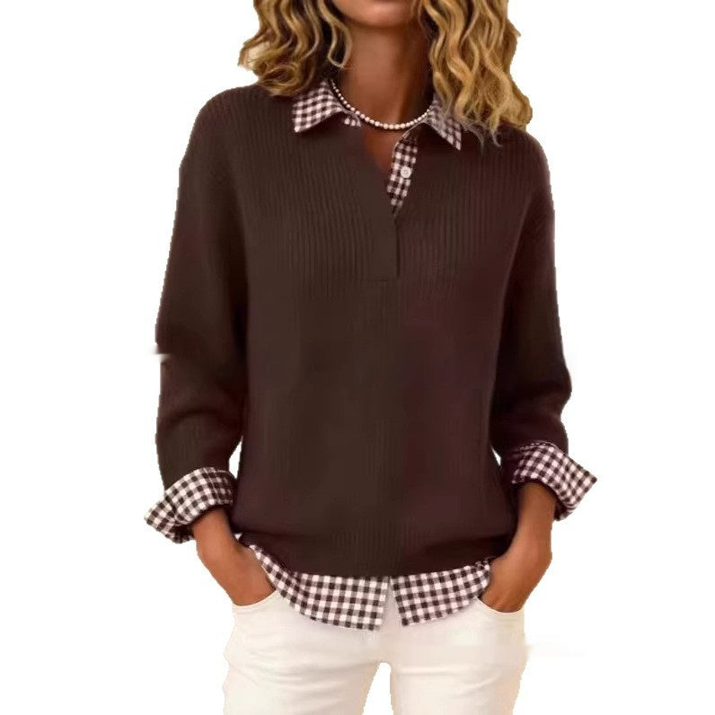 Womens Patchwork Sweater with a Shirt Collar for a Casual Fashionable Look