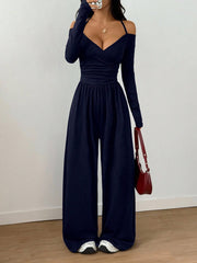 V-neck Halter Lace-up Long-sleeve Jumpsuit For Women