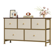 5‑Drawer Wide Freestanding Wood Dresser with Fabric Bins – Low‑Profile, Space‑Saving Chest for Bedroom, Living Room & Hallway (Khaki/Green)