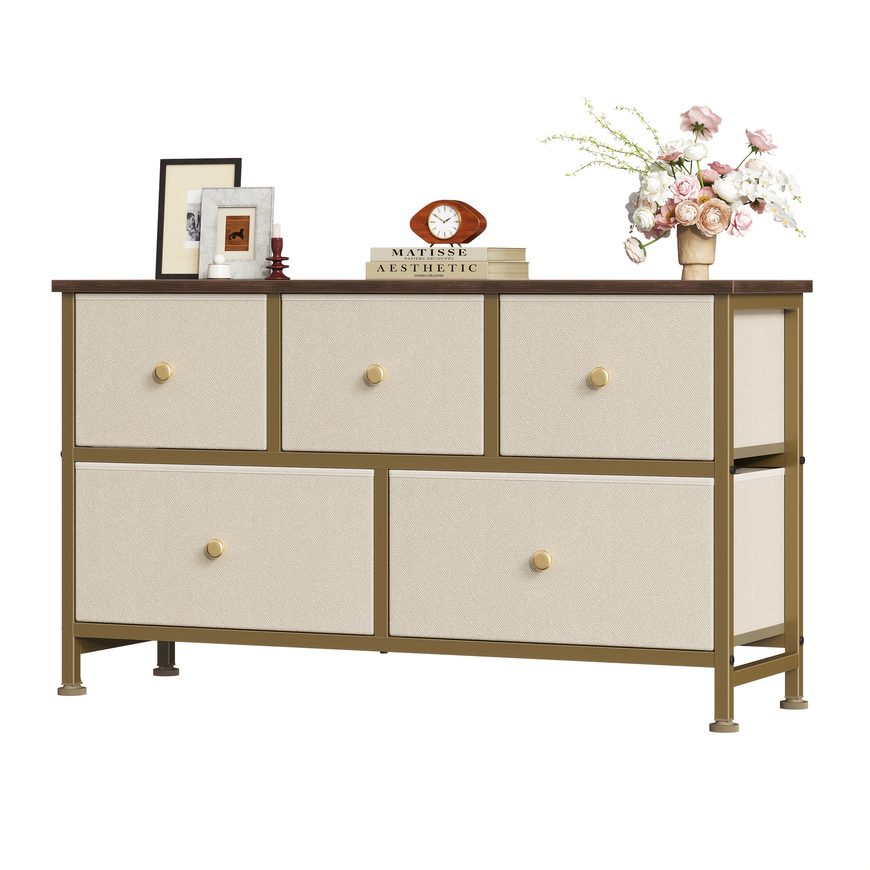 5‑Drawer Wide Freestanding Wood Dresser with Fabric Bins – Low‑Profile, Space‑Saving Chest for Bedroom, Living Room & Hallway (Khaki/Green)