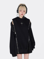 Edgy Cold-Shoulder Hollow Out Zip-Up Hoodie