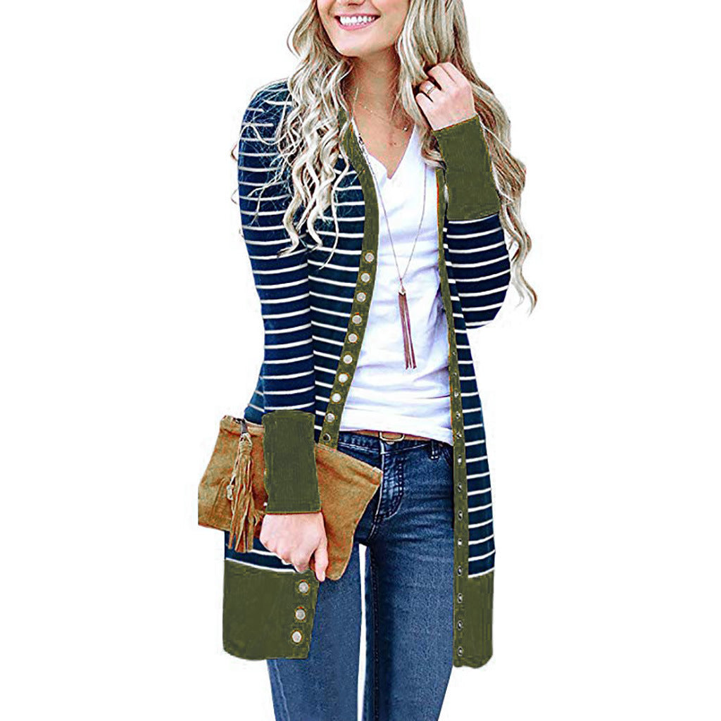 Plus Size Striped Mid-Length Cardigan Sweater