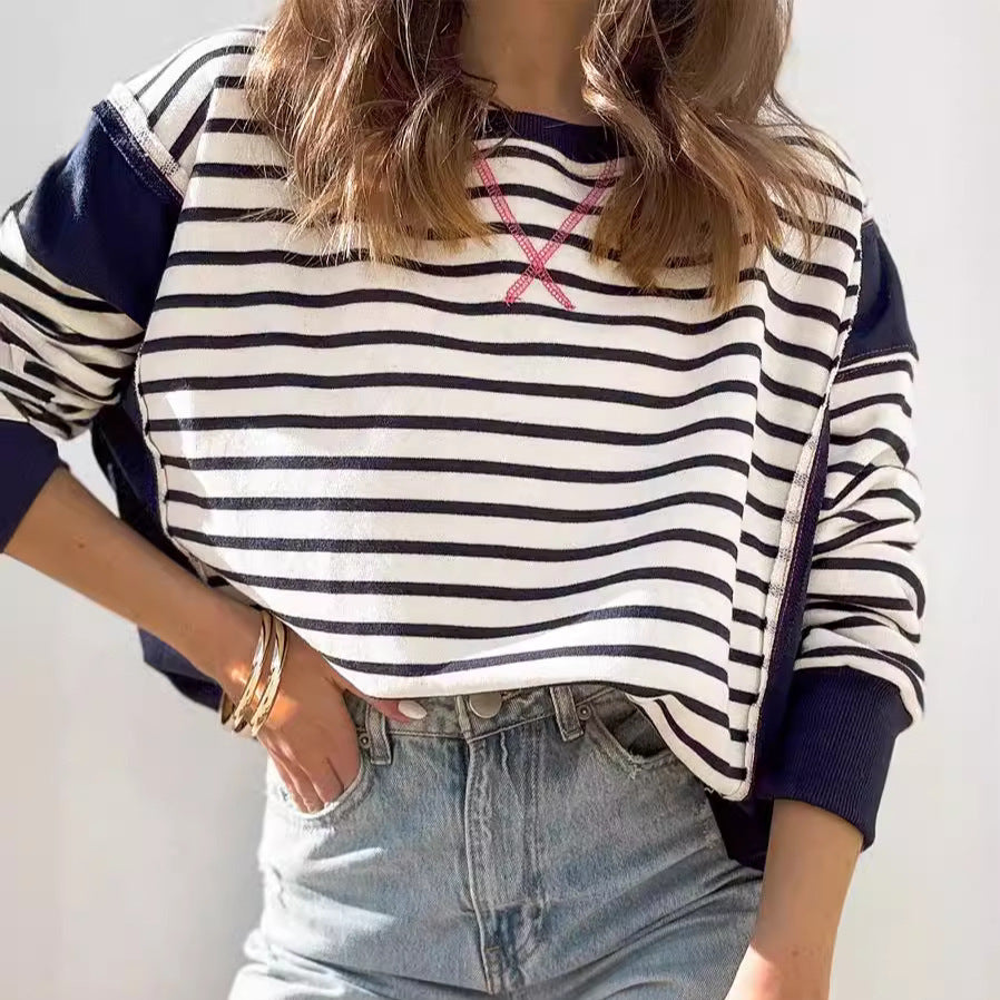Colorblock Striped Long Sleeve Casual Pullover Sweatshirt