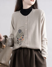 Chinese-style Corn-stitch Cotton Knit Cardigan Sweater for Women