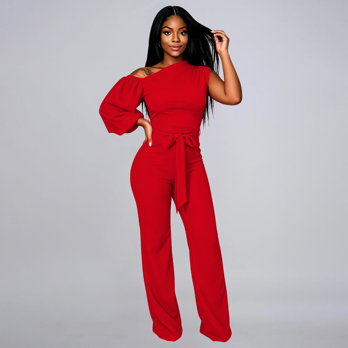 Chic One-Shoulder Puff Sleeve Jumpsuit