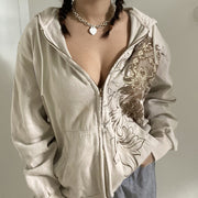 Retro Print Loose Hooded Cardigan Coat