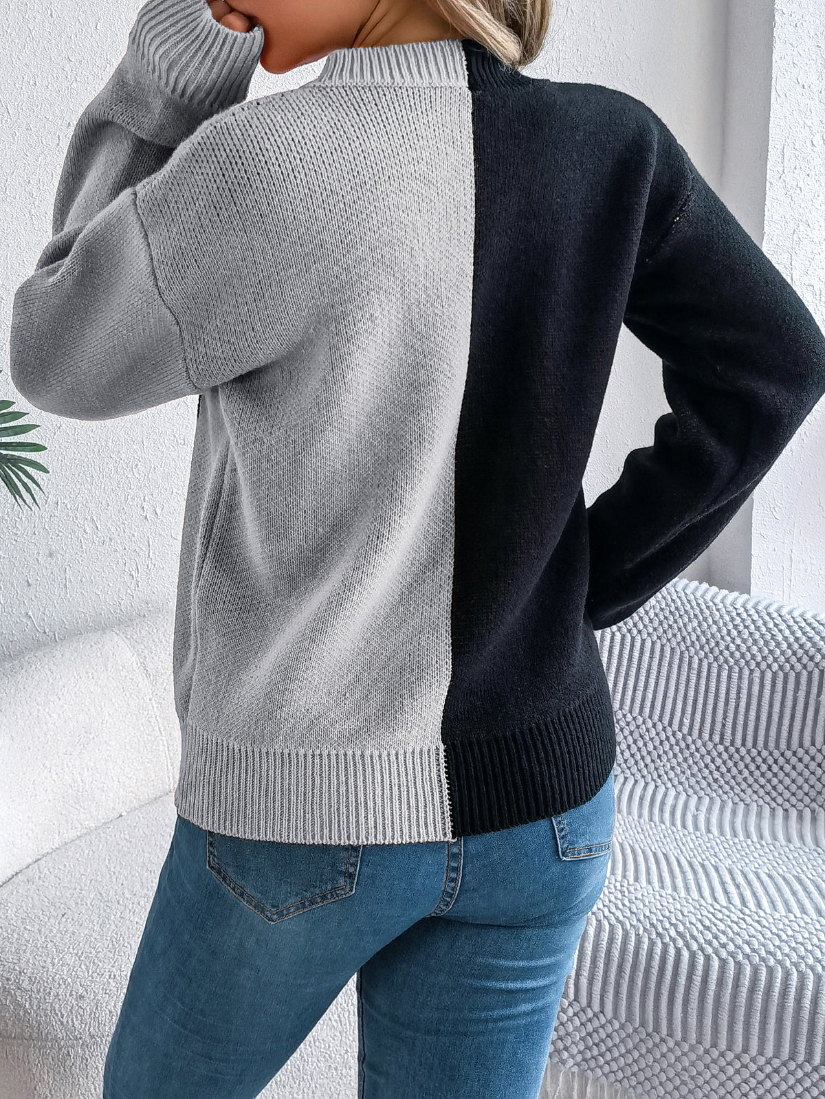 Women Ghost Pumpkin Color Block Long Sleeve Pullover Sweater