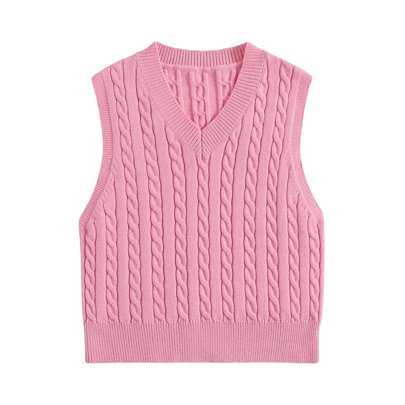 Springsummer Knitted Cabled Vest Pullover with V-neck