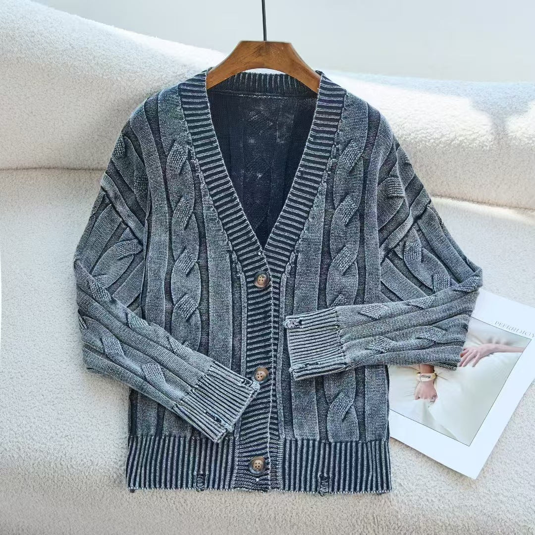 European and American Old Knitted Coat Women's Loose V-neck