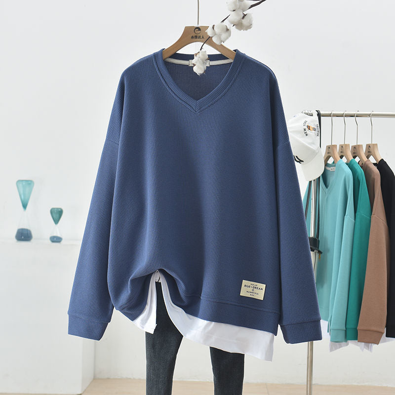 Oversized V-Neck Waffle Knit Sweater for Women