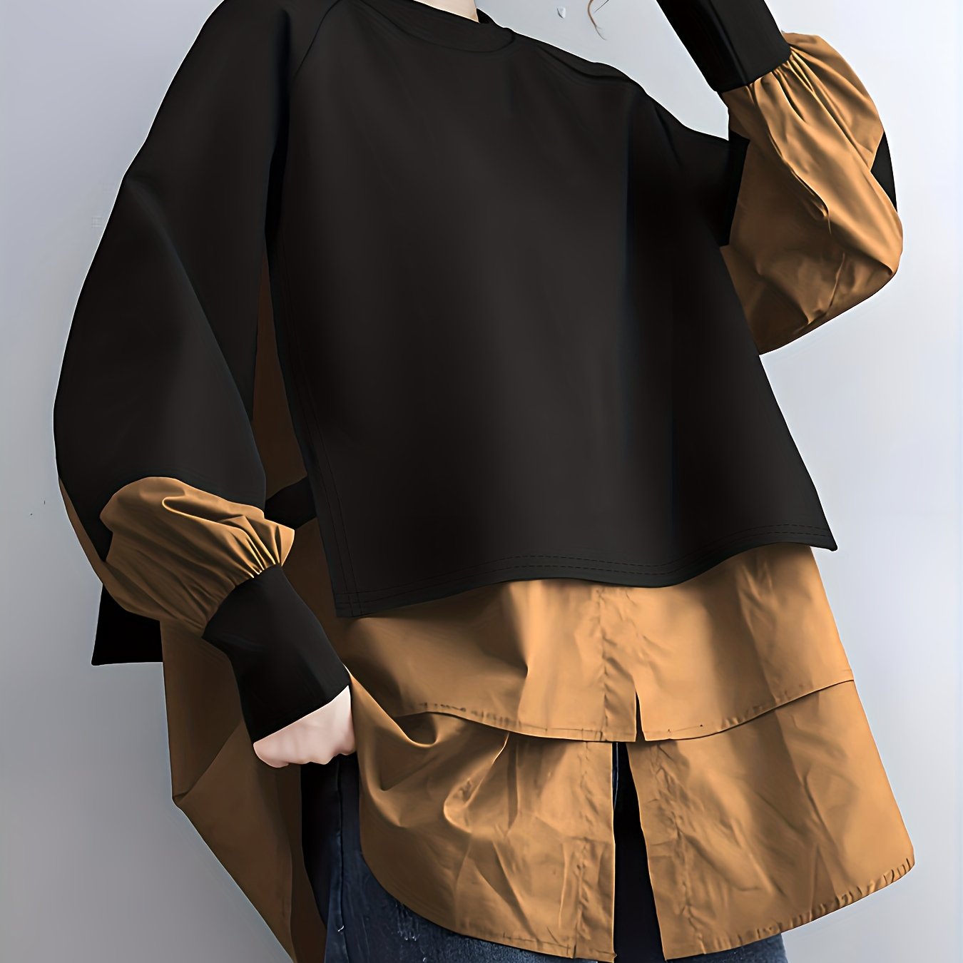 Plus Size Patchwork Long-Sleeve Sweatshirt with Round Neck