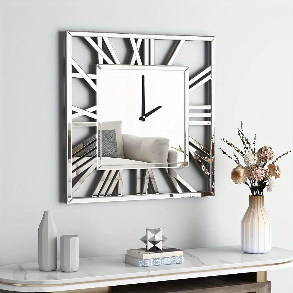 32'' Modern Mirrored Wall Clock - Oversized Decorative Clock with Roman Numerals for Living Room & Kitchen Decor, Mirror Finishing