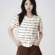 Women's Striped Ice Silk Knit Top – Slim Fit Color‑Block Short Sleeve