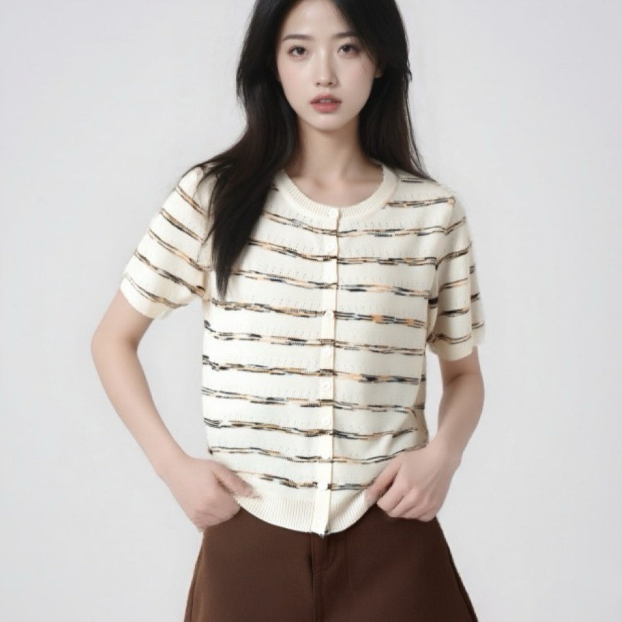 Women's Striped Ice Silk Knit Top – Slim Fit Color‑Block Short Sleeve