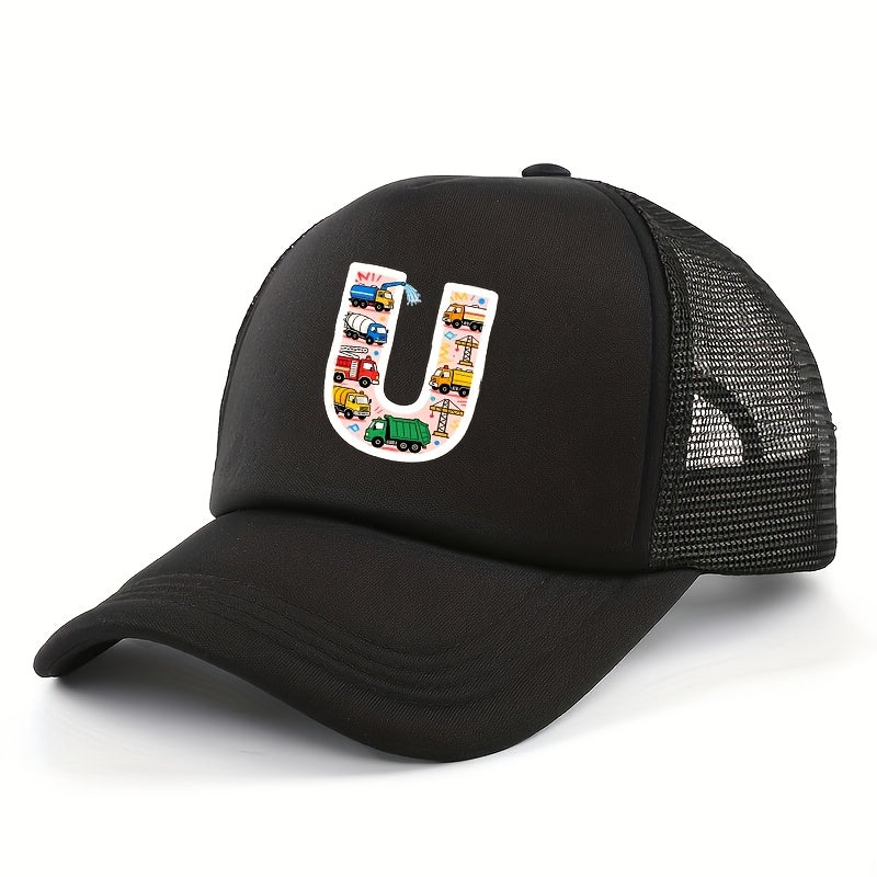 Kids' Engineering Vehicle Letter Sponge Mesh Trucker Cap – Breathable Outdoor Sports Hat