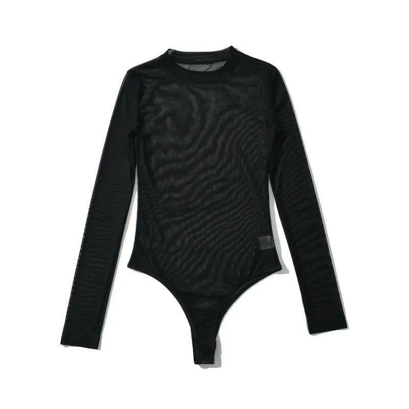 Sheer Mesh Long Sleeve Round Neck Jumpsuit