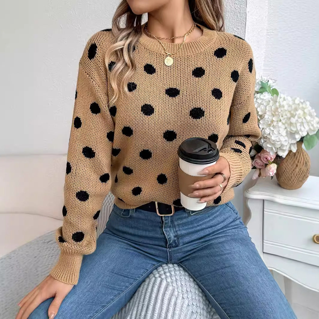 Autumn and Winter Leisure Contrast Color Polka Dot Long Sleeve Pullover