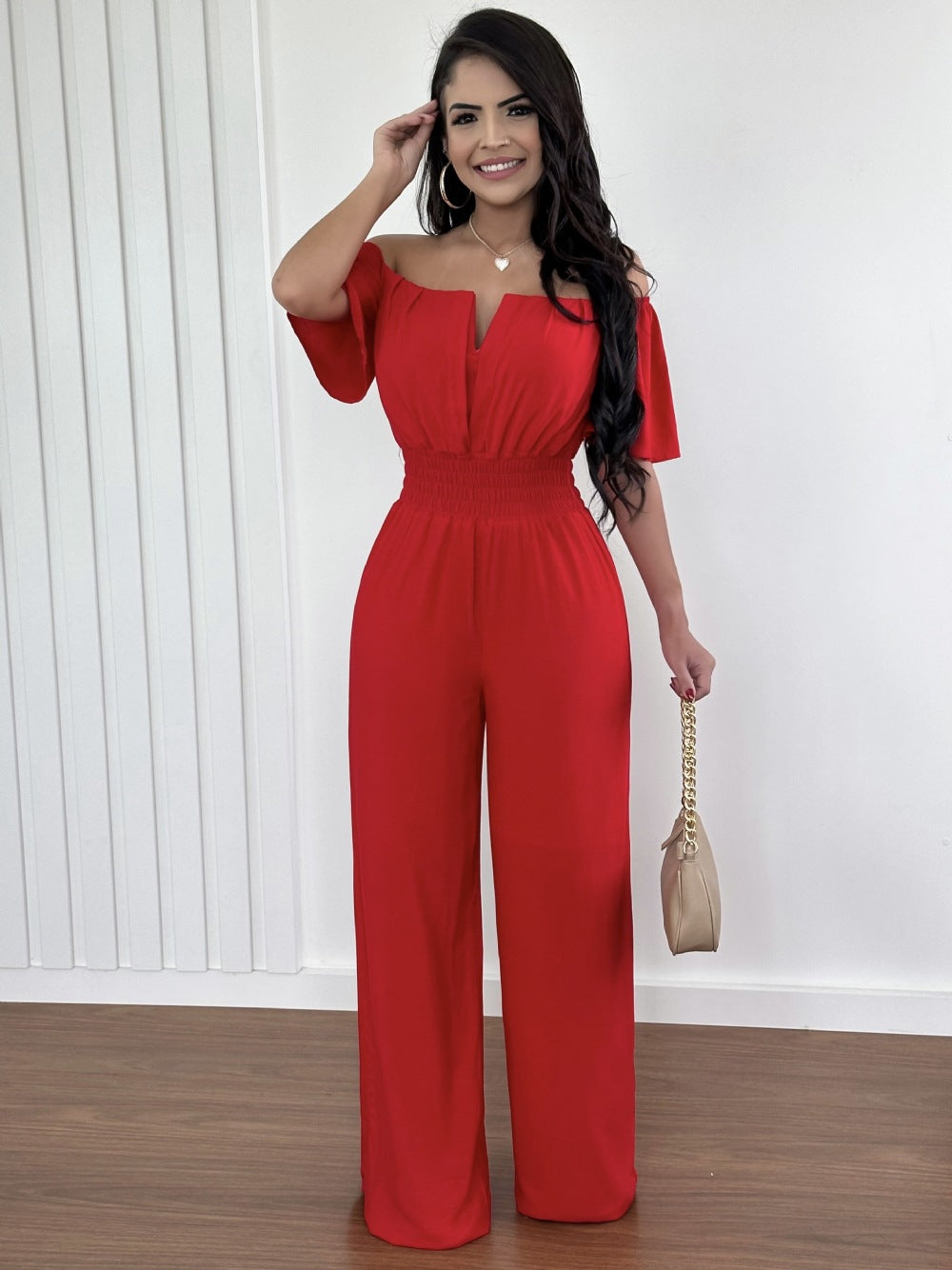 Chic Off-Shoulder Waist-Trimming Straight Jumpsuit