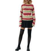 Autumn and Winter Women's Pullover Stripe Round Sweater Loose Plus Size Rainbow Sweater