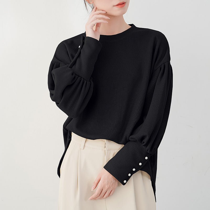 Chic Pearl Buckle Lantern Sleeve Sweater for Women