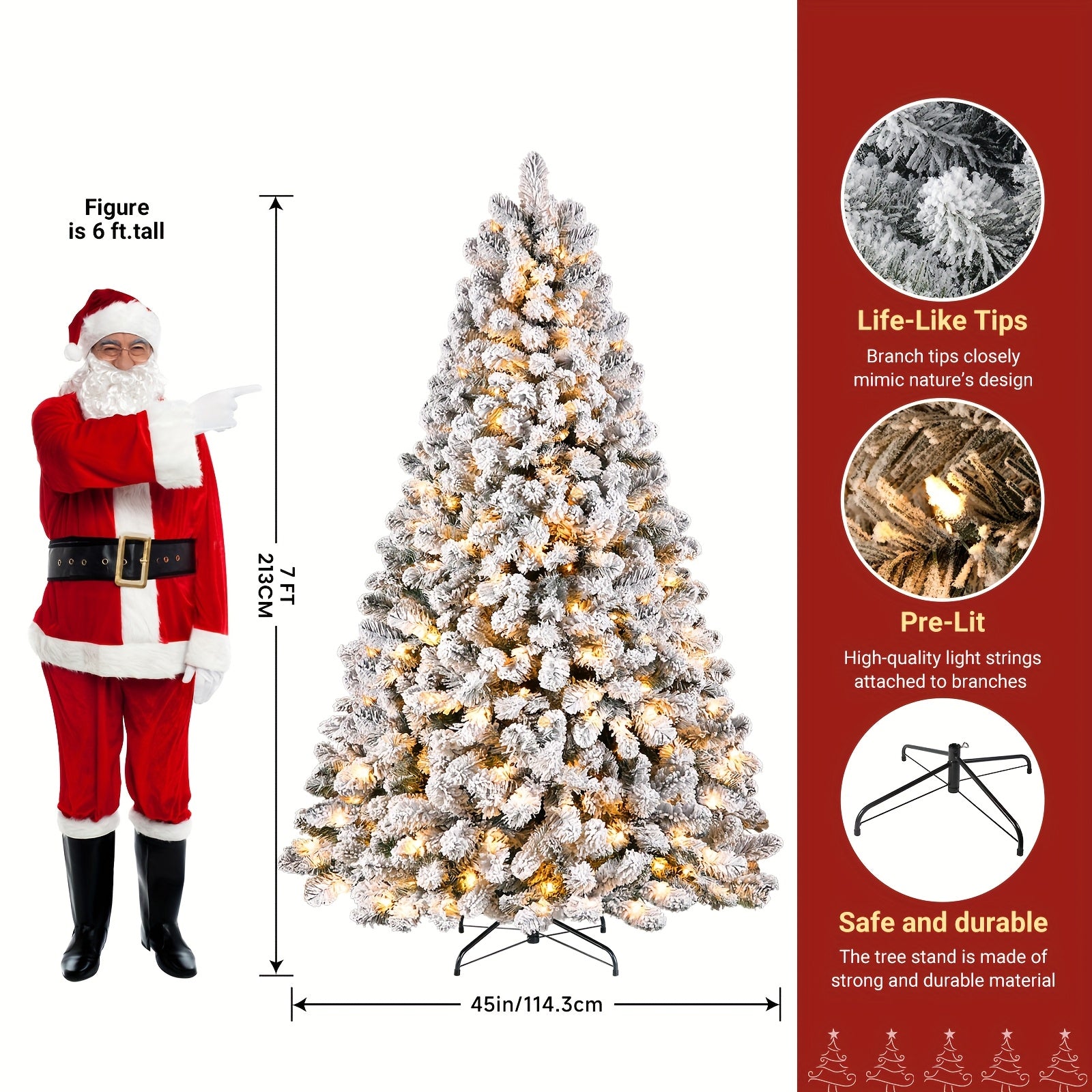 Snow Flocked Xmas Tree – 4–9ft, Warm Lights, Foldable Base
