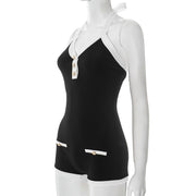 Contrast V-Neck Backless Lace-Up Halter Romper