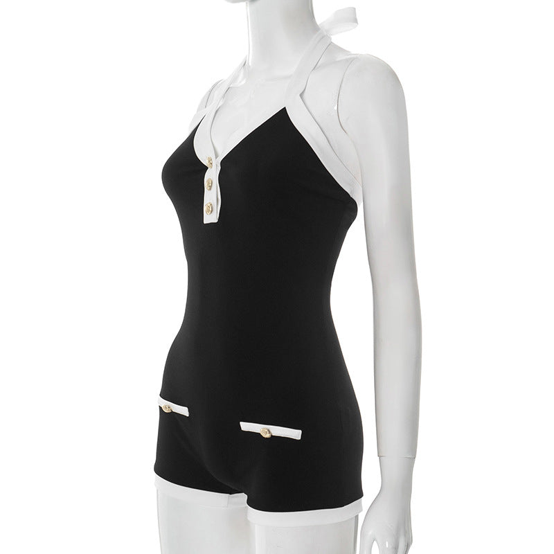 Contrast V-Neck Backless Lace-Up Halter Romper