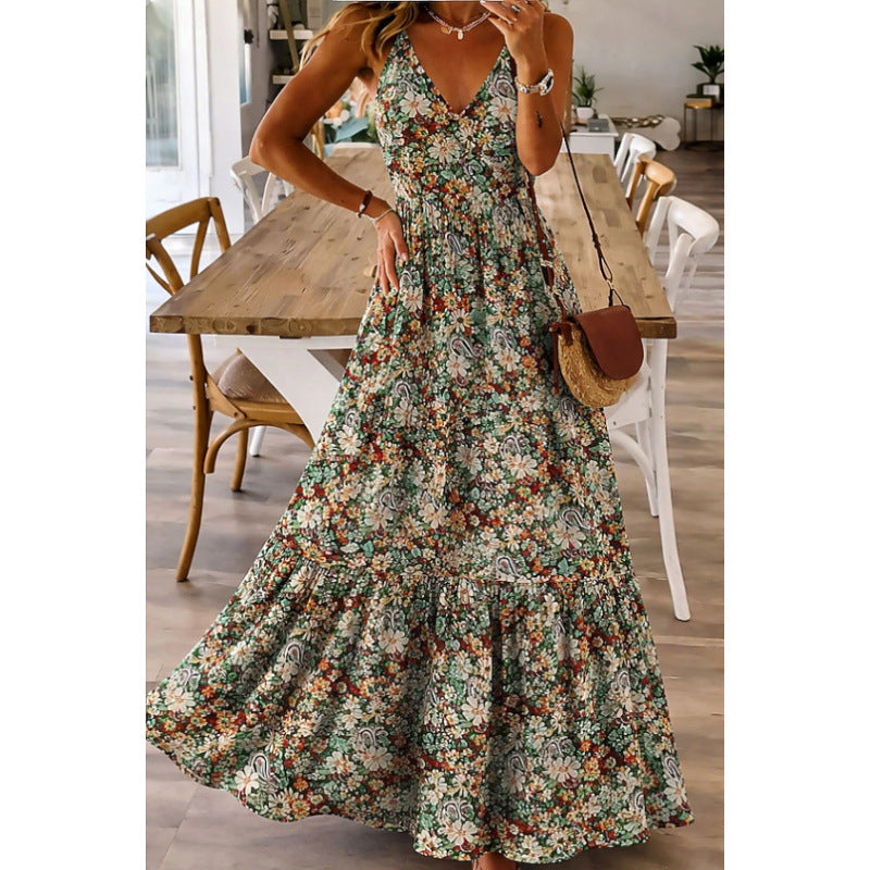 Summer New V-neck Strap Floral Print Long Dress for Women