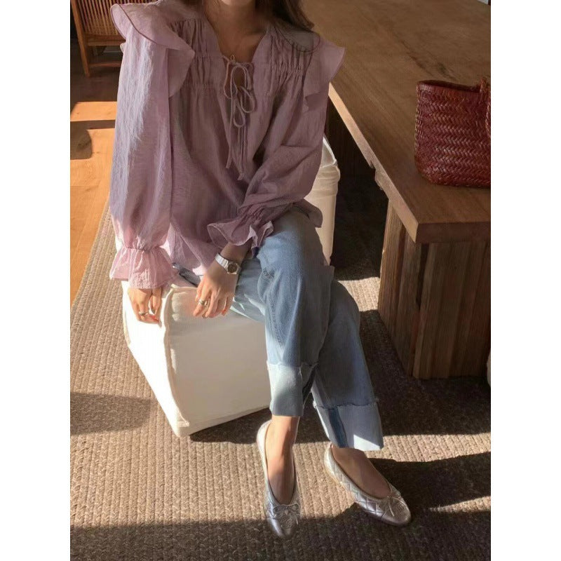 Design Sense Bell Sleeve Ruffled Tied Taro Purple Shirt
