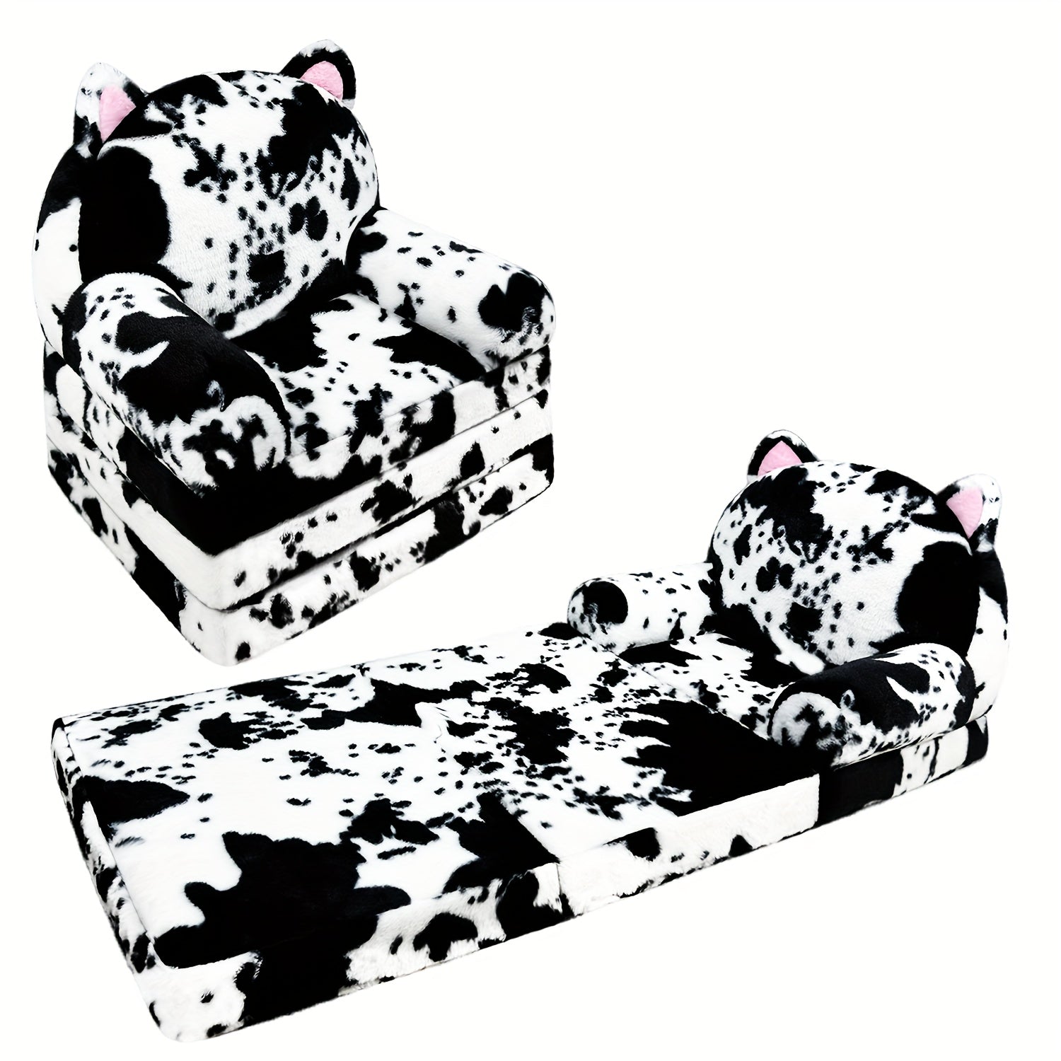Foldable Kids Sofa with Pillow – Plush Memory‑Foam Lounge Chair, Washable Cover (Cow Print)