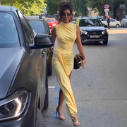Figure-hugging Pleated Dress with a Slit and Fluttering Ribbons