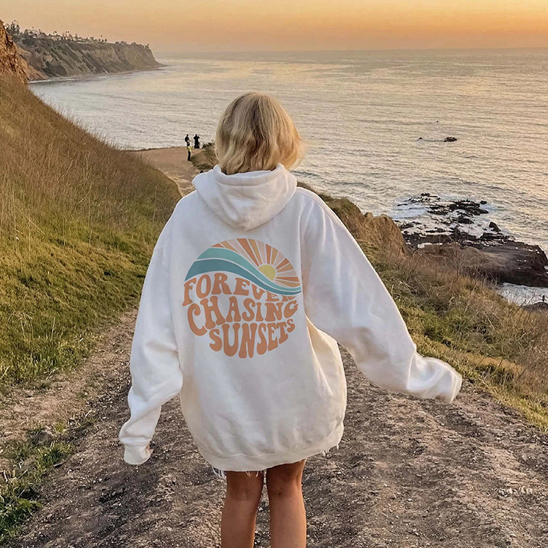 Sunset Print Fleece-Lined Kangaroo Pocket Hoodie