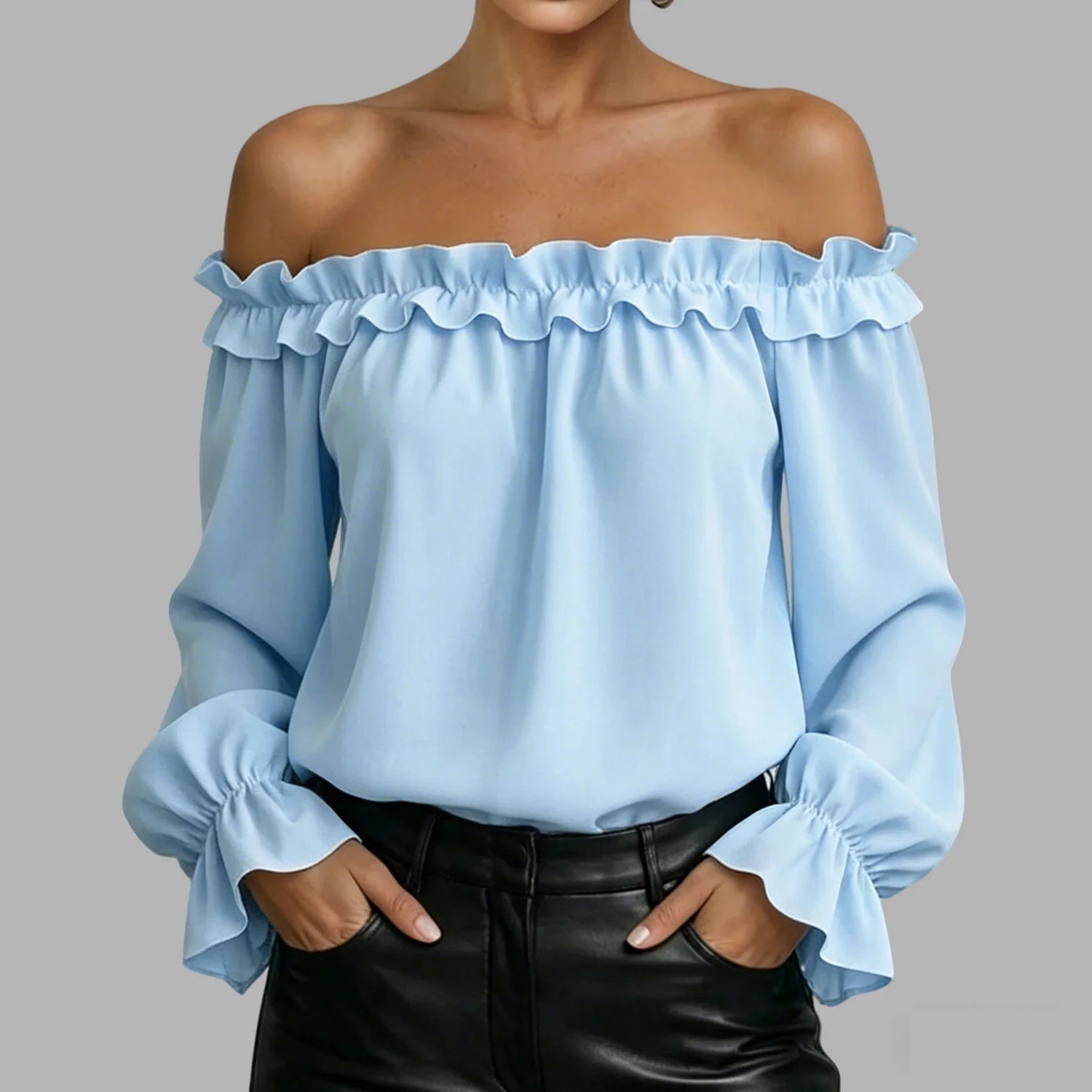 Spring Summer New Elegant Casual Ruffle Off-Shoulder Long-Sleeve Shirt For Women