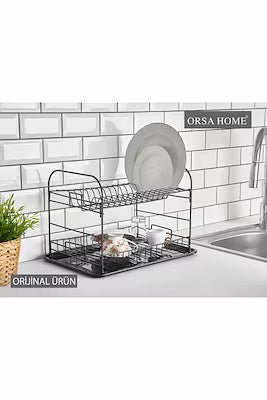 Matte black two-tier dish rack with 27 x 42 cm footprint